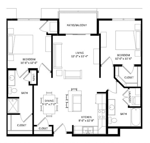 Floor plan for 2 beds, 2 baths, 1104 sqft